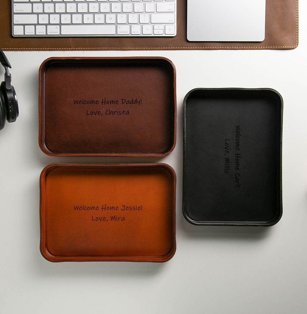 Vegetable Tanned Hard Leather Valet (Design 3) - Message Engraving Catchall Tray for Dad Husband Boyfriend Mom Gift, Teacher Back to School