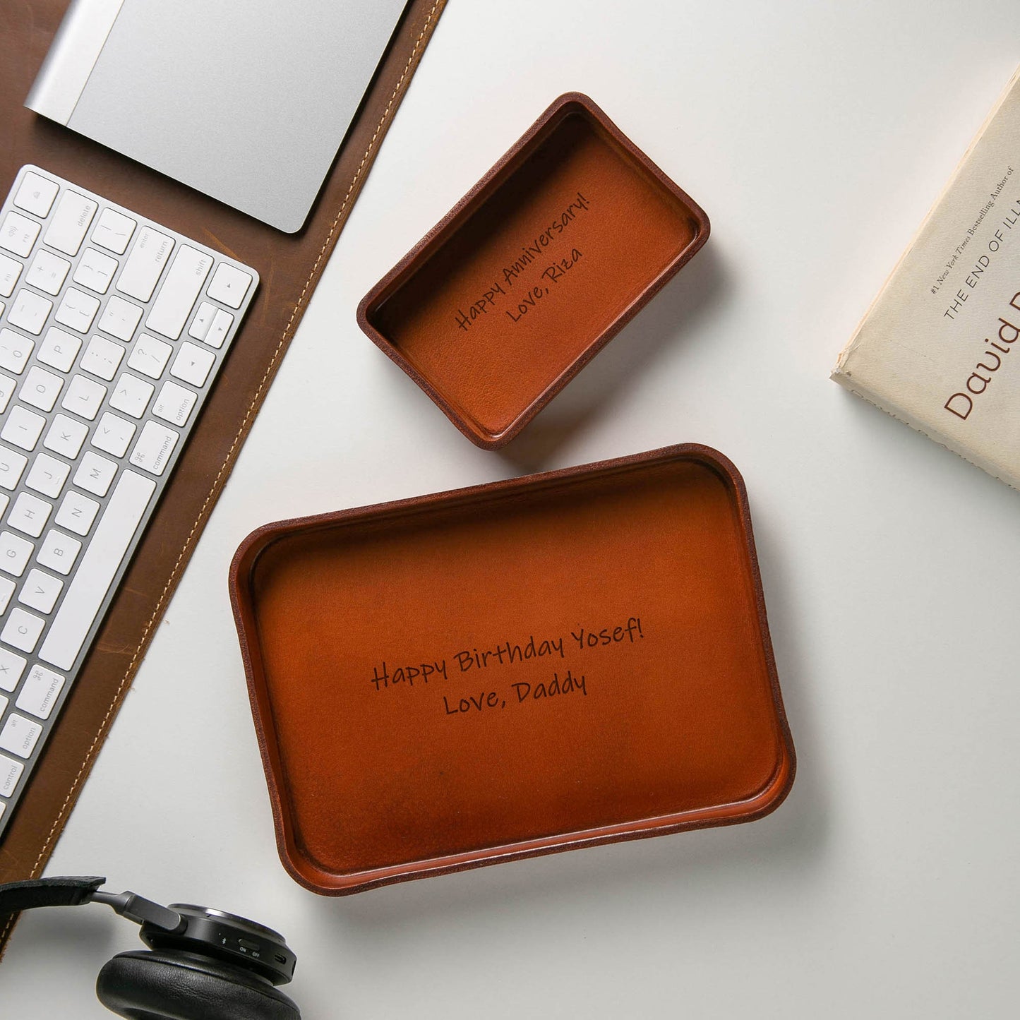 Vegetable Tanned Hard Leather Valet (Design 3) - Message Engraving Catchall Tray for Dad Husband Boyfriend Mom Gift, Teacher Back to School