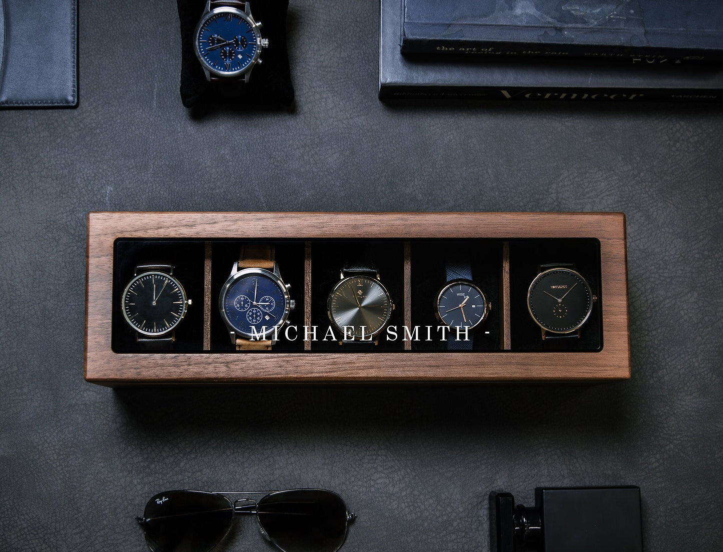 Wide Wood Watch Box (Design 8) - Custom Watch Storage Holder Case for Men 5th Wedding Anniversary Gift for Him Dad Boyfriend Husband Fiancé