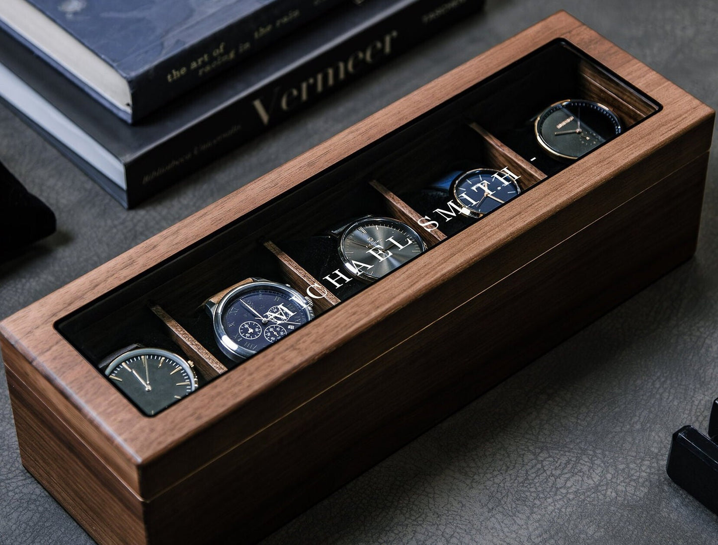 Wide Wood Watch Box (Design 8) - Custom Watch Storage Holder Case for Men 5th Wedding Anniversary Gift for Him Dad Boyfriend Husband Fiancé