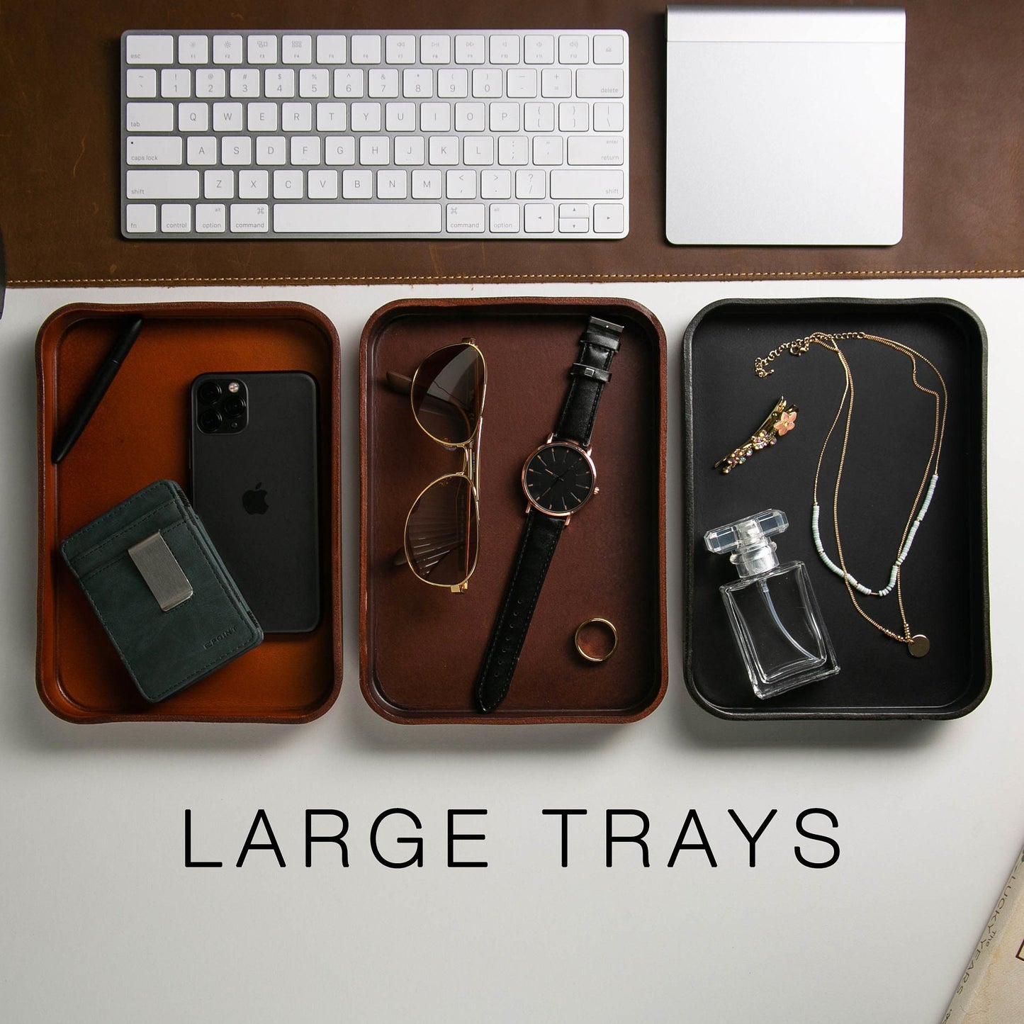 Vegetable Tanned Hard Leather Valet (Design 3) - Message Engraving Catchall Tray for Dad Husband Boyfriend Mom Gift, Teacher Back to School