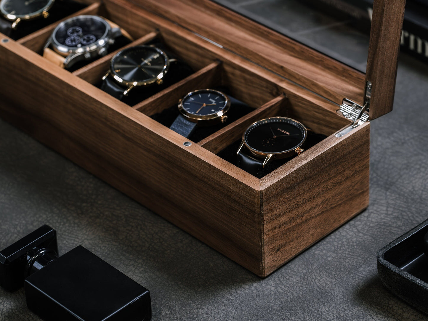 Wide Wood Watch Box (Design 8) - Custom Watch Storage Holder Case for Men 5th Wedding Anniversary Gift for Him Dad Boyfriend Husband Fiancé