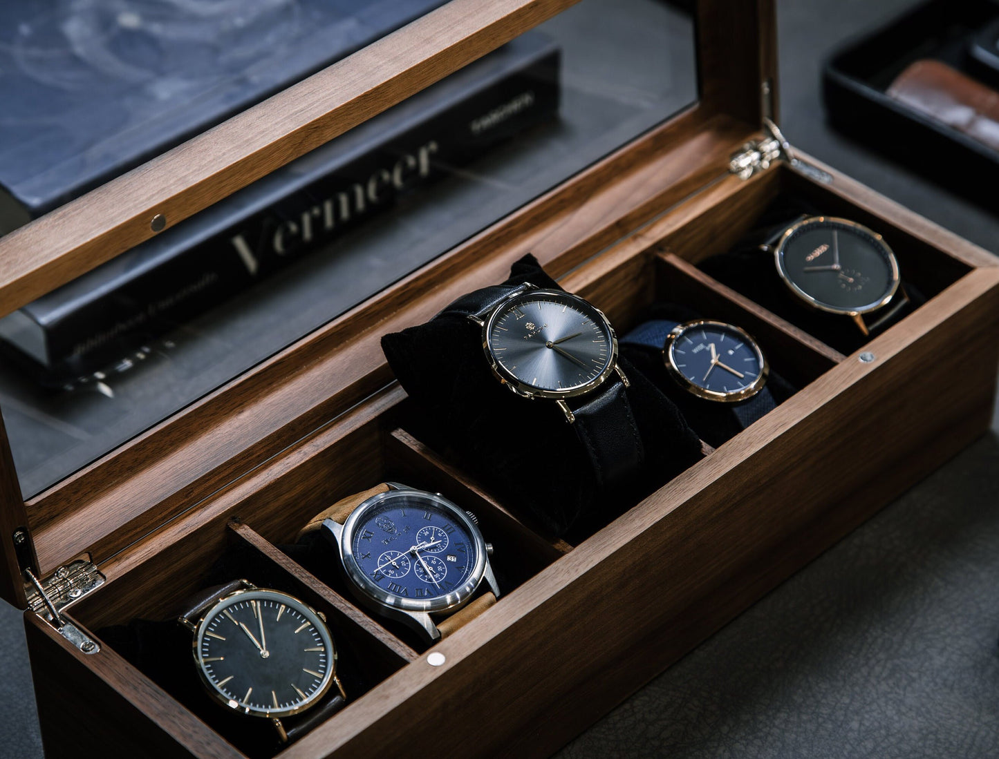 Wide Wood Watch Box (Design 8) - Custom Watch Storage Holder Case for Men 5th Wedding Anniversary Gift for Him Dad Boyfriend Husband Fiancé