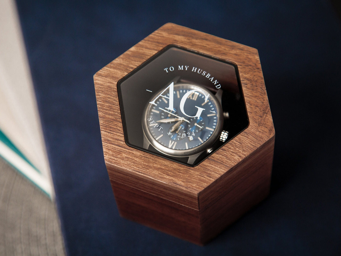 Metal Watch & Hexagon Watch Box w/ Glass Top (Set) - Mens Watch, Wedding Day Gift Groom Husband, Custom Box Father Dad Son Brother Best Man