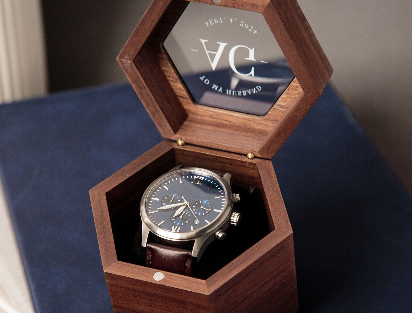 Metal Watch & Hexagon Watch Box w/ Glass Top (Set) - Mens Watch, Wedding Day Gift Groom Husband, Custom Box Father Dad Son Brother Best Man