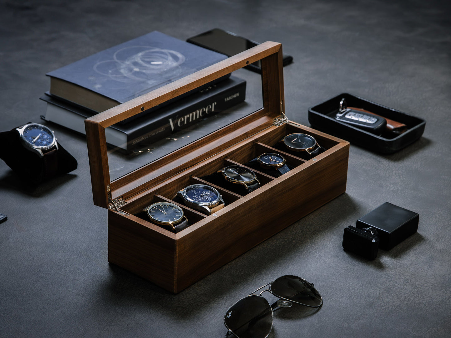 Wide Wood Watch Box (Design 8) - Custom Watch Storage Holder Case for Men 5th Wedding Anniversary Gift for Him Dad Boyfriend Husband Fiancé