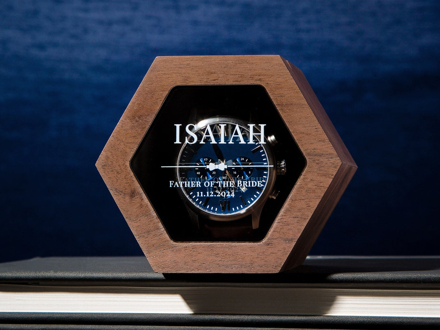 Metal Watch & Hexagon Watch Box w/ Glass Top (Set) - Mens Watch, Wedding Day Gift Groom Husband, Custom Box Father Dad Son Brother Best Man