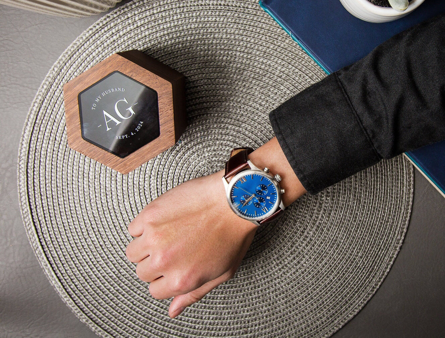 Metal Watch & Hexagon Watch Box w/ Glass Top (Set) - Mens Watch, Wedding Day Gift Groom Husband, Custom Box Father Dad Son Brother Best Man
