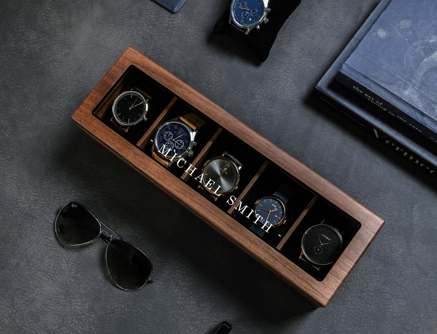 Wide Wood Watch Box (Design 8) - Custom Watch Storage Holder Case for Men 5th Wedding Anniversary Gift for Him Dad Boyfriend Husband Fiancé