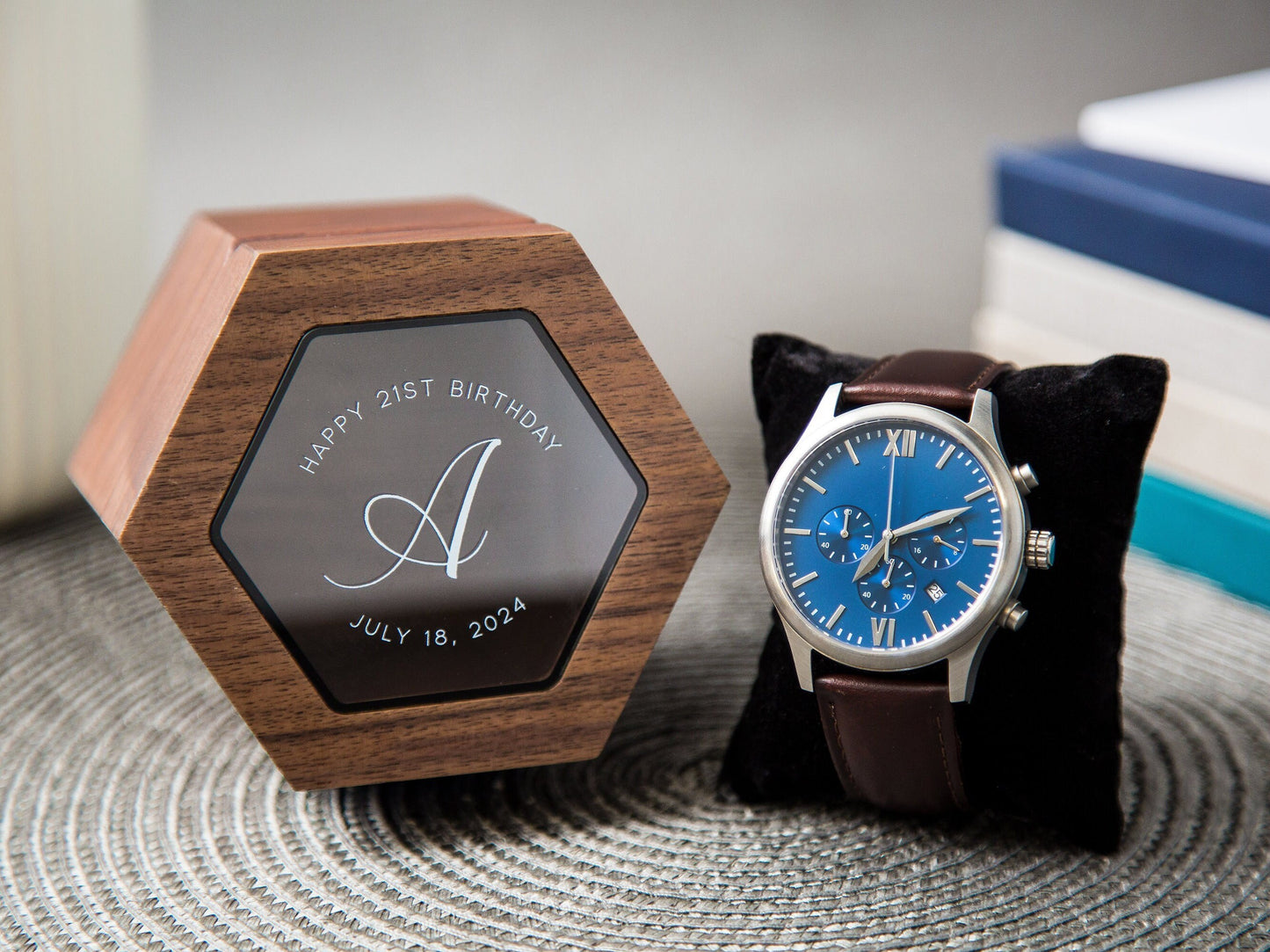 Metal Watch & Hexagon Watch Box w/ Glass Top (Set) - Mens Watch, Wedding Day Gift Groom Husband, Custom Box Father Dad Son Brother Best Man