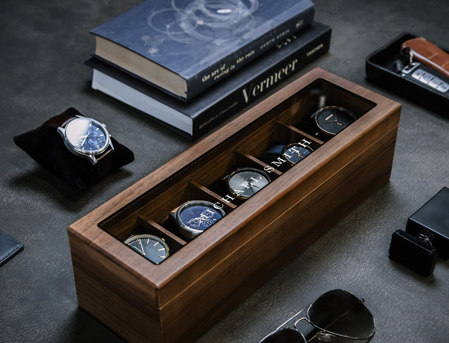 Wide Wood Watch Box (Design 8) - Custom Watch Storage Holder Case for Men 5th Wedding Anniversary Gift for Him Dad Boyfriend Husband Fiancé
