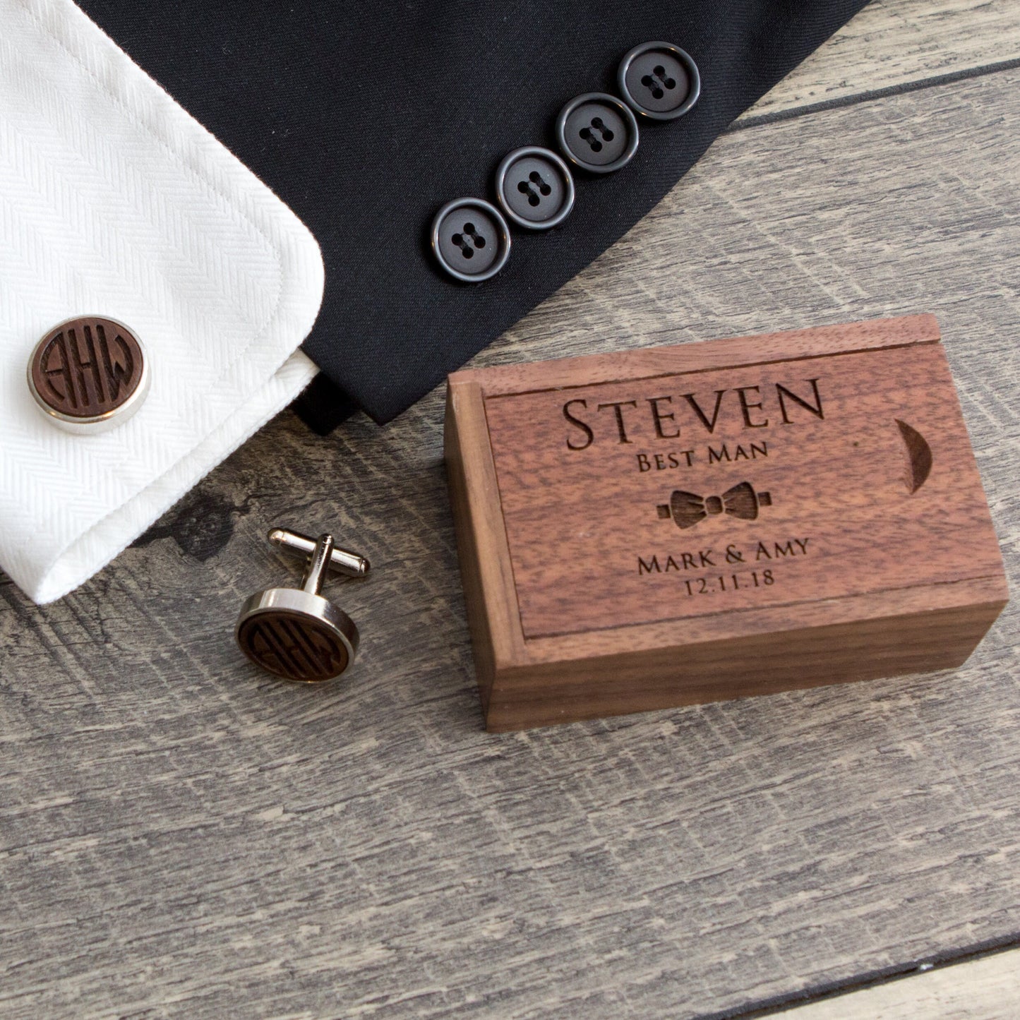 Wood Cufflinks & Tall Walnut Box SET - Custom Wedding Gift for Groomsmen Best Man Proposal, 5th Wood Anniversary Gift for Husband