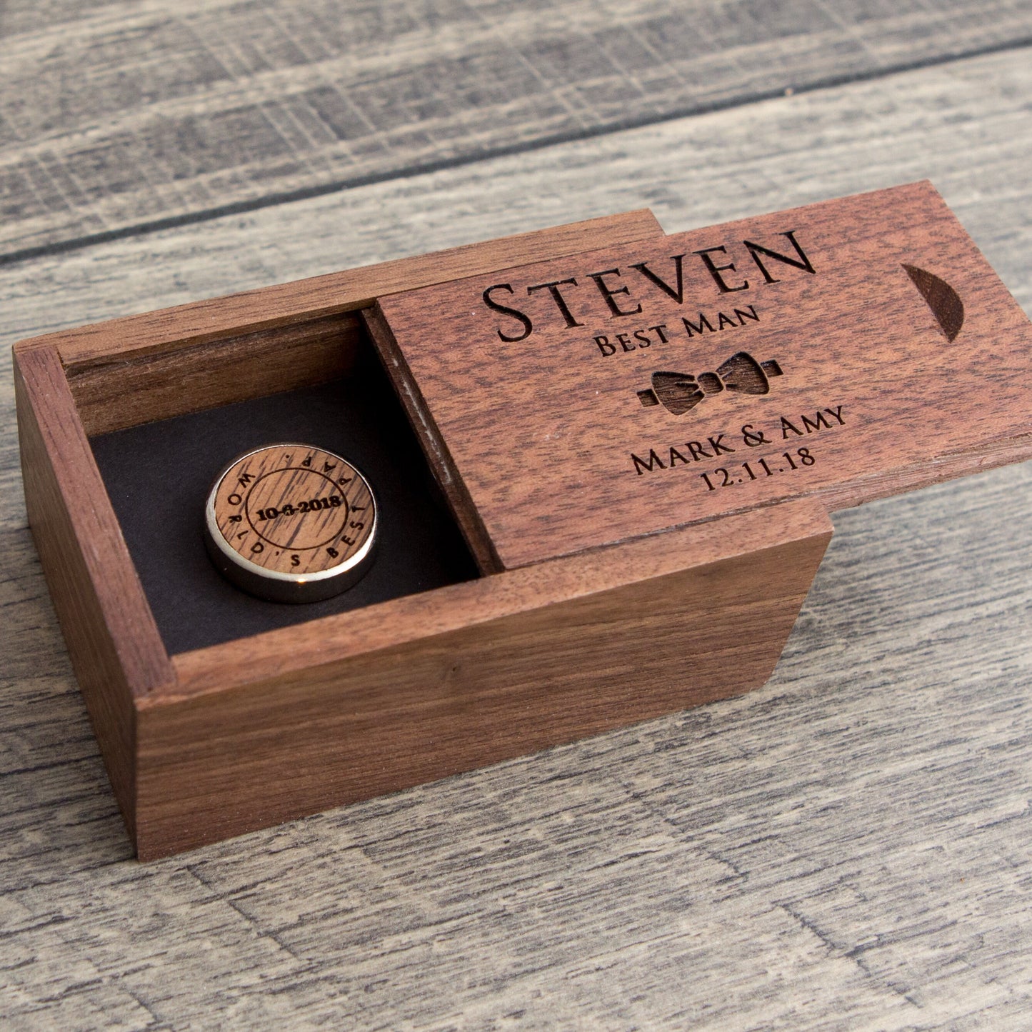 Wood Cufflinks & Tall Walnut Box SET - Custom Wedding Gift for Groomsmen Best Man Proposal, 5th Wood Anniversary Gift for Husband