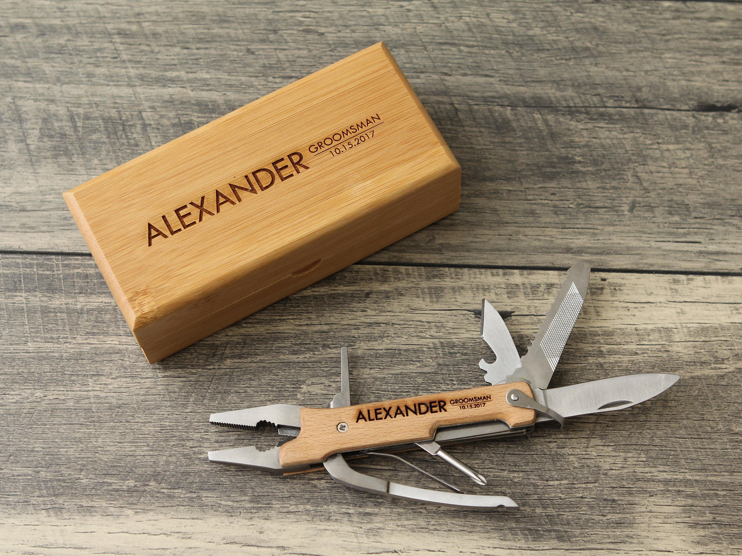Personalized Multi-Tool w/ Optional Bamboo Box - Engraved Wood Knife Pliers, Wedding Gift Groom Groomsmen Husband Construction Worker