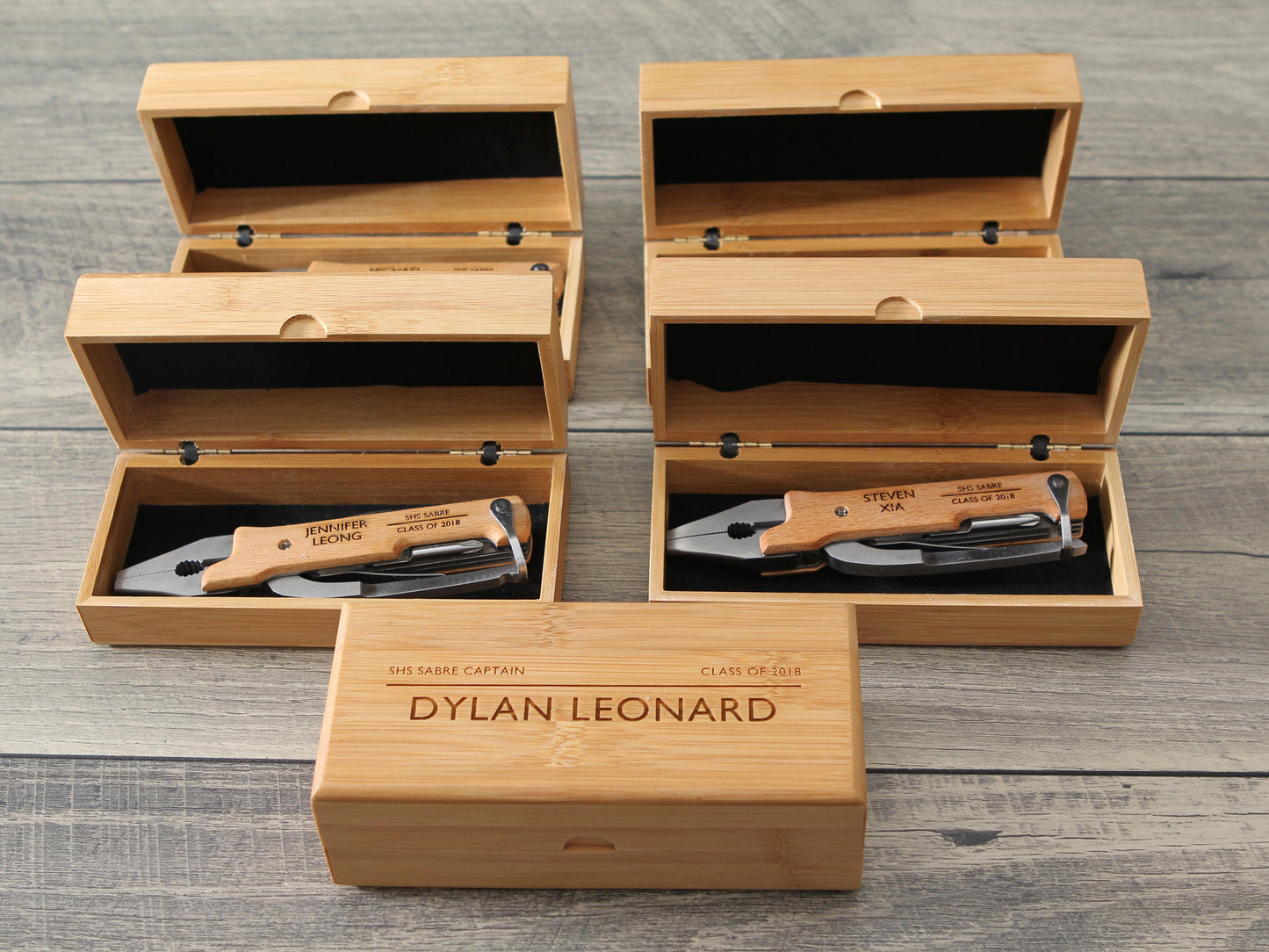 Personalized Multi-Tool w/ Optional Bamboo Box - Engraved Wood Knife Pliers, Wedding Gift Groom Groomsmen Husband Construction Worker