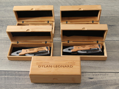 Personalized Multi-Tool w/ Optional Bamboo Box - Engraved Wood Knife Pliers, Wedding Gift Groom Groomsmen Husband Construction Worker