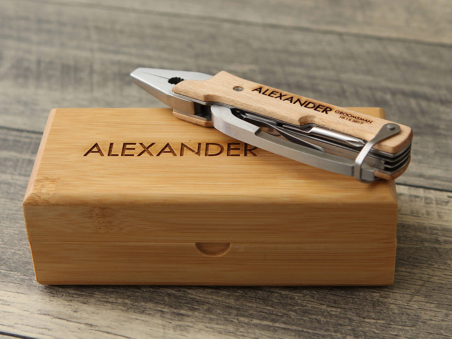 Personalized Multi-Tool w/ Optional Bamboo Box - Engraved Wood Knife Pliers, Wedding Gift Groom Groomsmen Husband Construction Worker