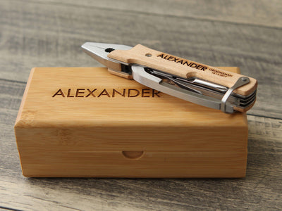 Personalized Multi-Tool w/ Optional Bamboo Box - Engraved Wood Knife Pliers, Wedding Gift Groom Groomsmen Husband Construction Worker