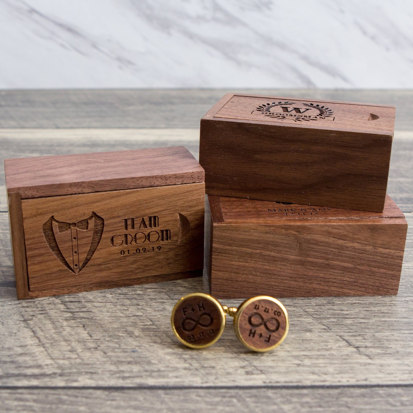 Wood Cufflinks & Tall Walnut Box SET - Custom Wedding Gift for Groomsmen Best Man Proposal, 5th Wood Anniversary Gift for Husband