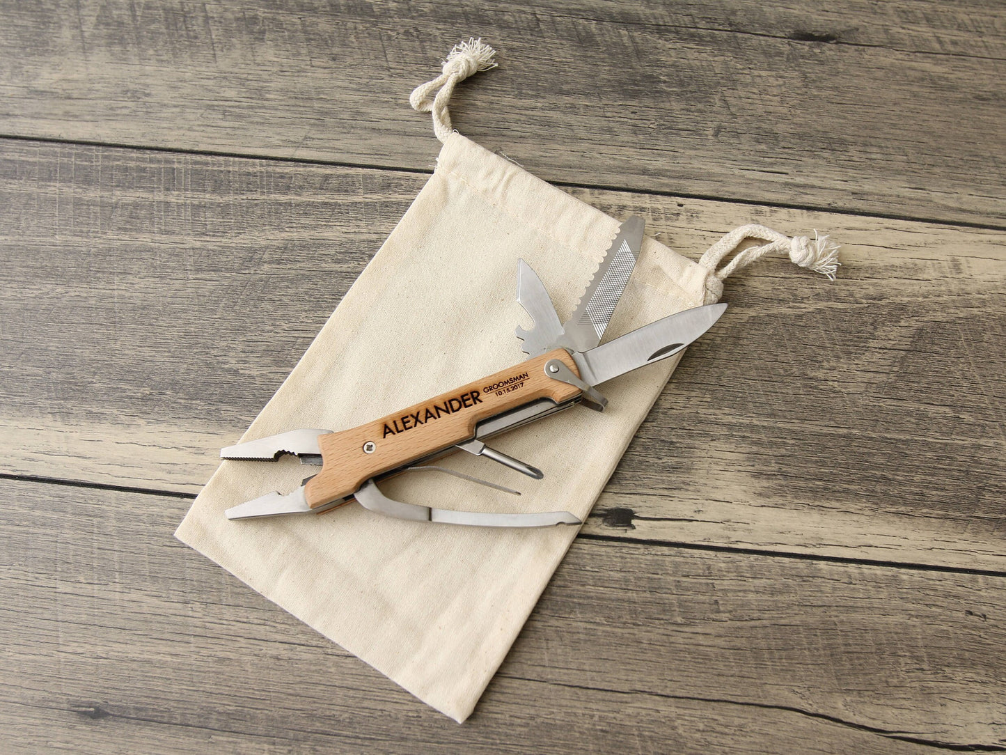 Personalized Multi-Tool w/ Optional Bamboo Box - Engraved Wood Knife Pliers, Wedding Gift Groom Groomsmen Husband Construction Worker