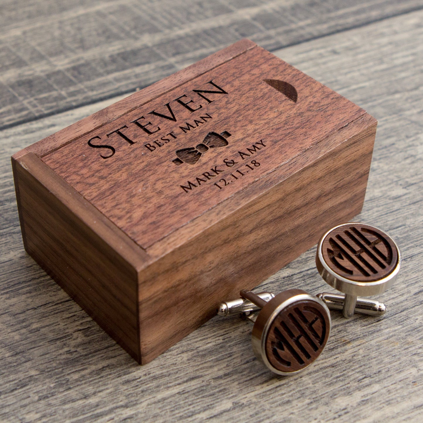 Wood Cufflinks & Tall Walnut Box SET - Custom Wedding Gift for Groomsmen Best Man Proposal, 5th Wood Anniversary Gift for Husband