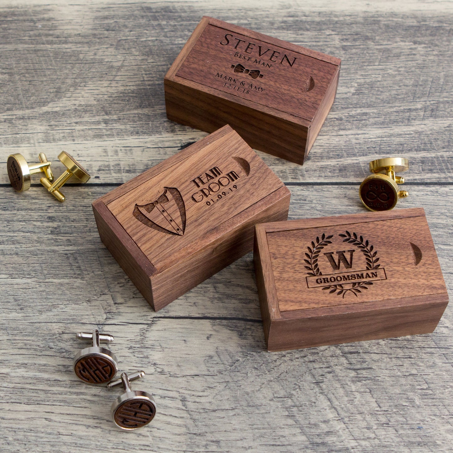 Wood Cufflinks & Tall Walnut Box SET - Custom Wedding Gift for Groomsmen Best Man Proposal, 5th Wood Anniversary Gift for Husband