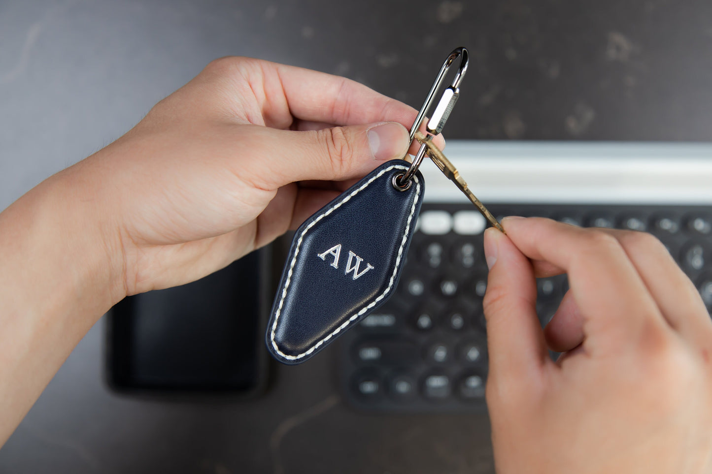 Embossed Diamond Leather Keychains (Small Initials) - Leather Keychain Personalized for Men, Monogrammed Key Fob, Client Co-Worker Boss Gift