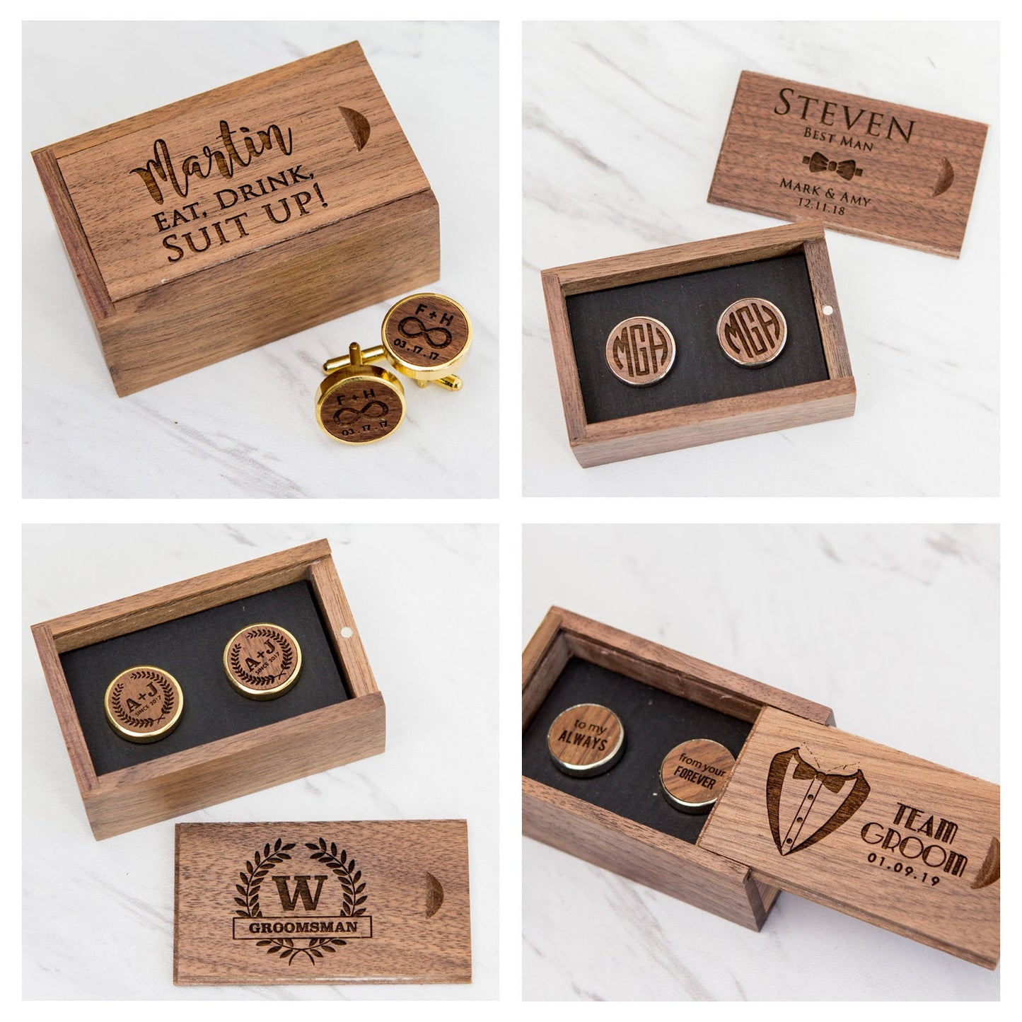 Wood Cufflinks & Tall Walnut Box SET - Custom Wedding Gift for Groomsmen Best Man Proposal, 5th Wood Anniversary Gift for Husband