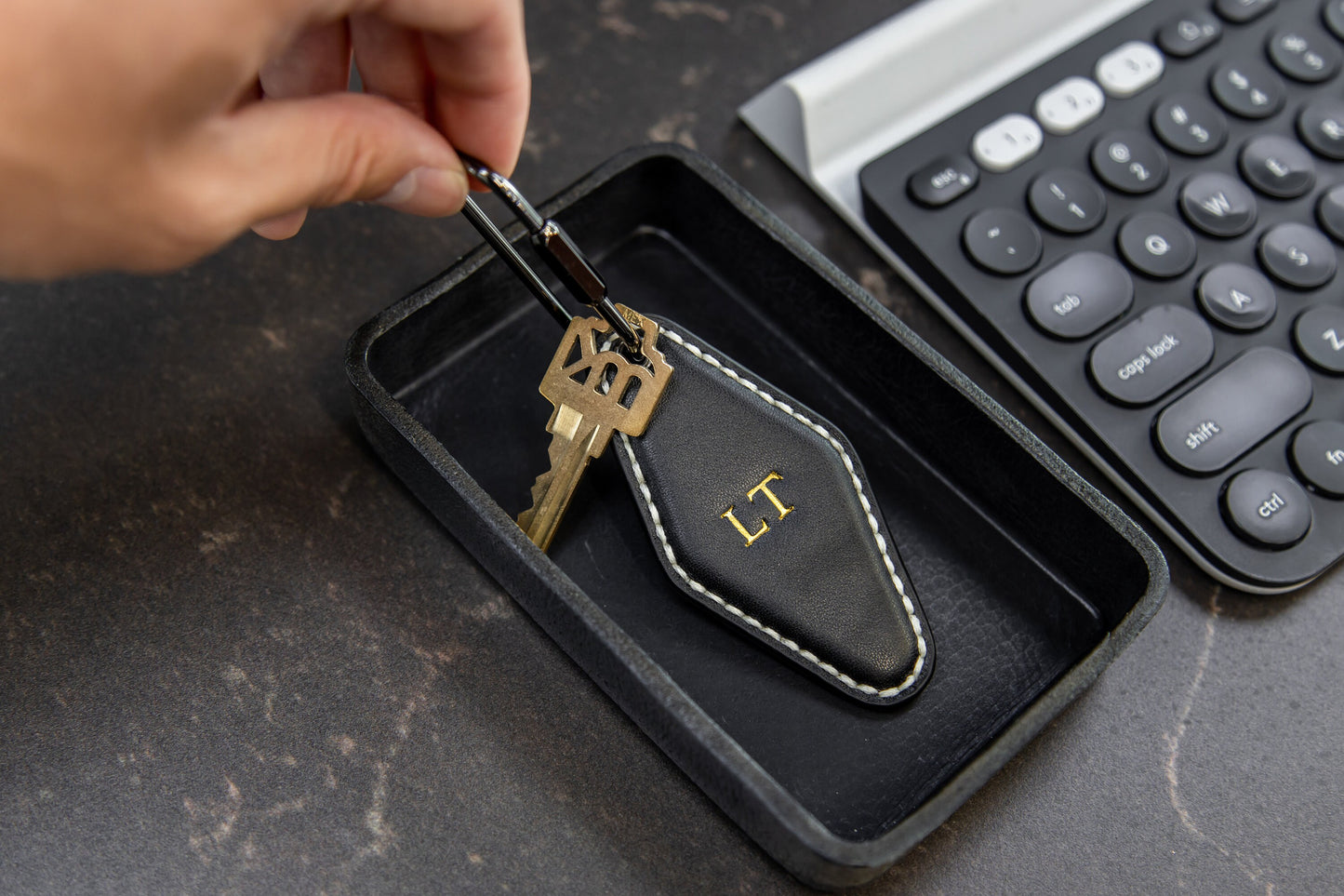 Embossed Diamond Leather Keychains (Small Initials) - Leather Keychain Personalized for Men, Monogrammed Key Fob, Client Co-Worker Boss Gift