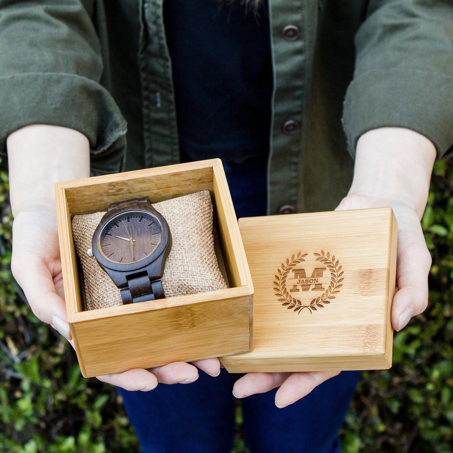 Engraved Wood Watch & Bamboo Gift Box - Mens Watch, 5th Wood Anniversary Present for Husband, Wedding Day Gift for Father of Bride Groom Son