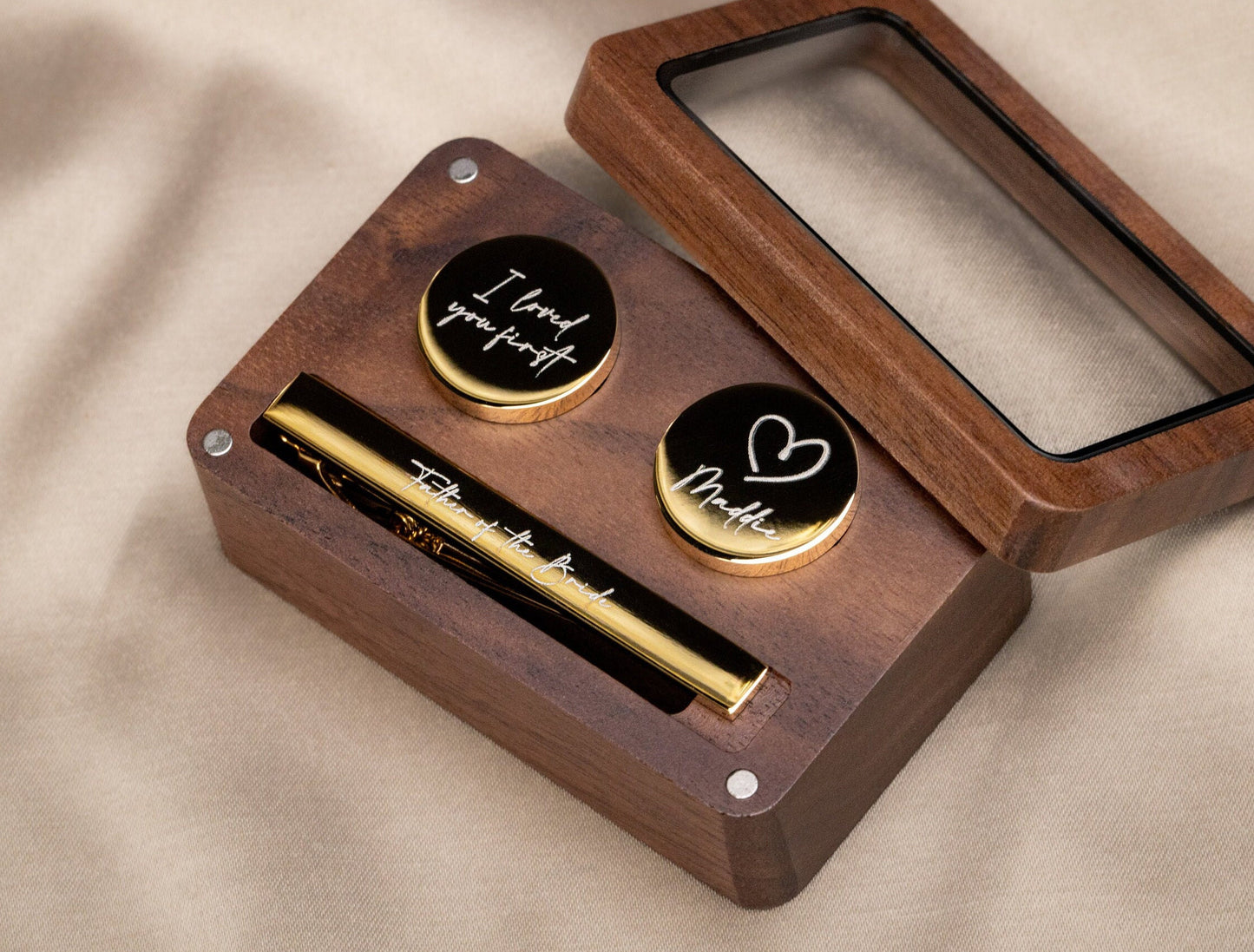 Metal Cufflinks, Tie Clip & Rec Gift Box w Glass Lid - Wedding Day Cuff links Gift for Groom Fiancé Husband, Groomsmen Best Man Favors