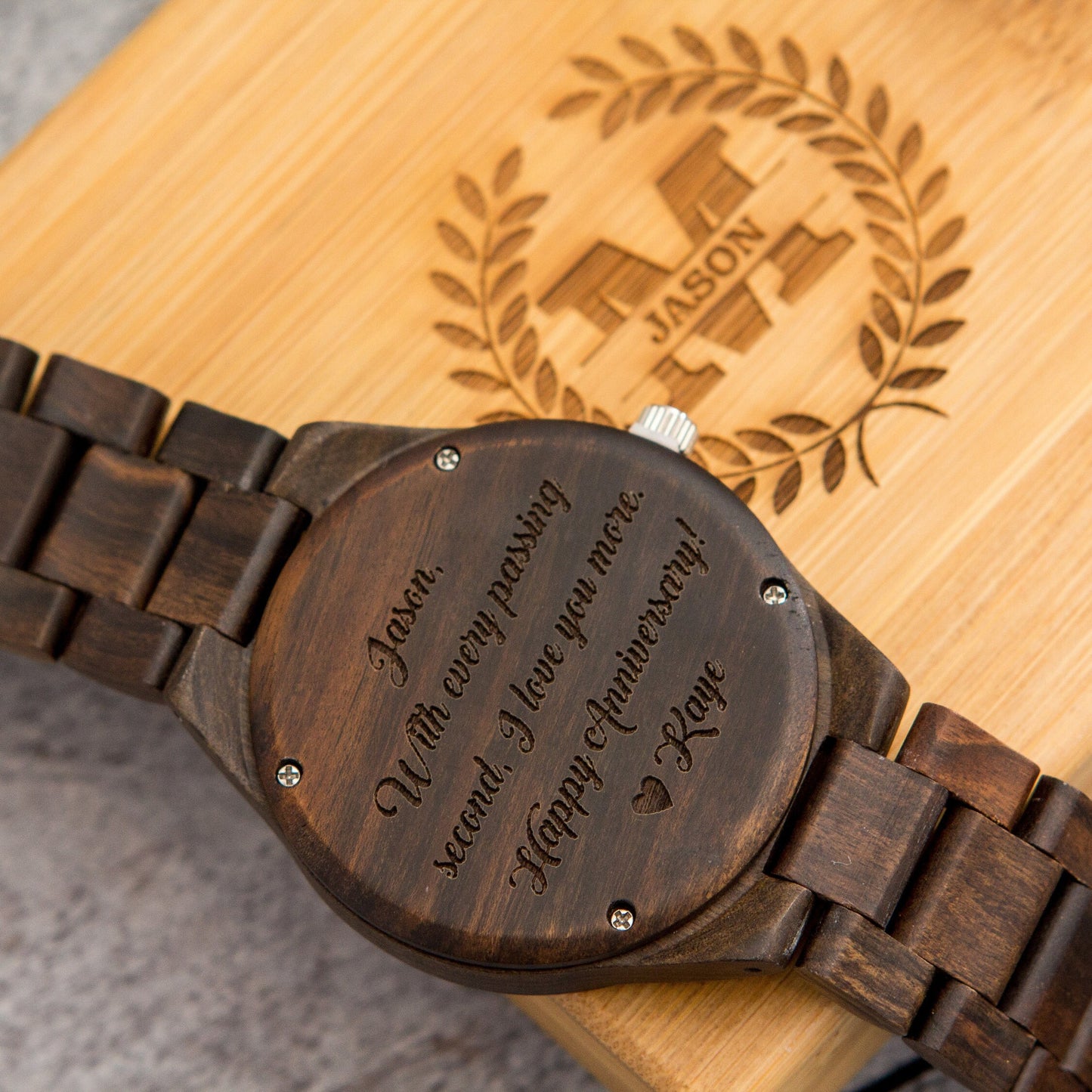 Engraved Wood Watch & Bamboo Gift Box - Mens Watch, 5th Wood Anniversary Present for Husband, Wedding Day Gift for Father of Bride Groom Son