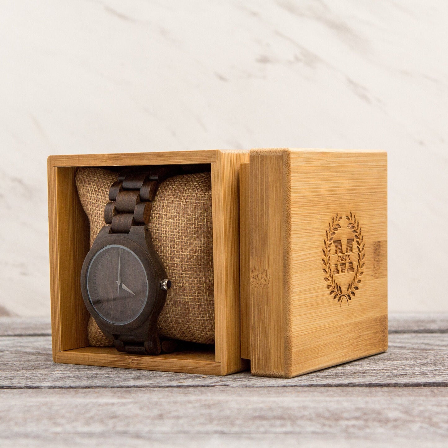 Engraved Wood Watch & Bamboo Gift Box - Mens Watch, 5th Wood Anniversary Present for Husband, Wedding Day Gift for Father of Bride Groom Son