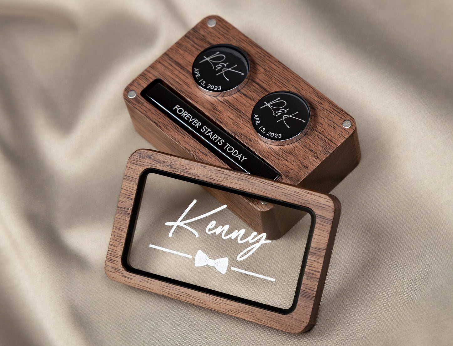 Metal Cufflinks, Tie Clip & Rec Gift Box w Glass Lid - Wedding Day Cuff links Gift for Groom Fiancé Husband, Groomsmen Best Man Favors