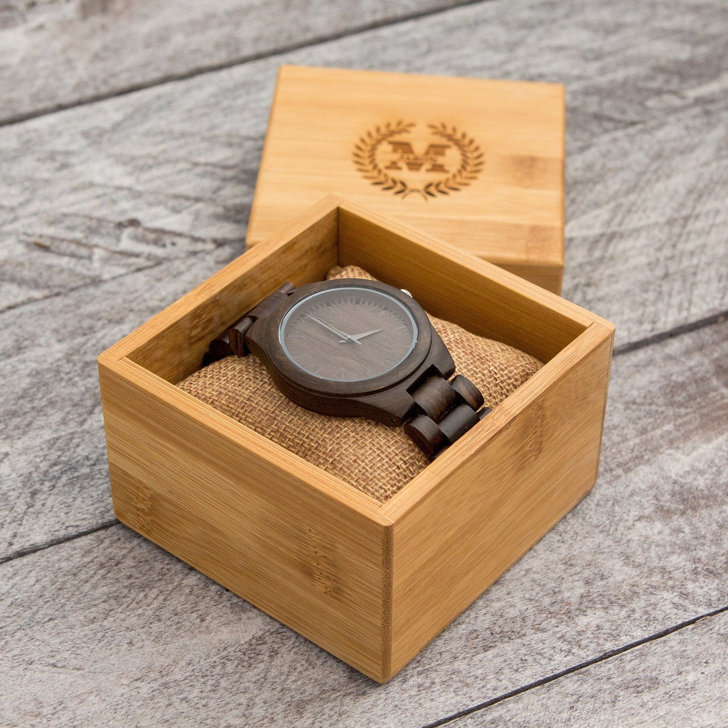 Engraved Wood Watch & Bamboo Gift Box - Mens Watch, 5th Wood Anniversary Present for Husband, Wedding Day Gift for Father of Bride Groom Son