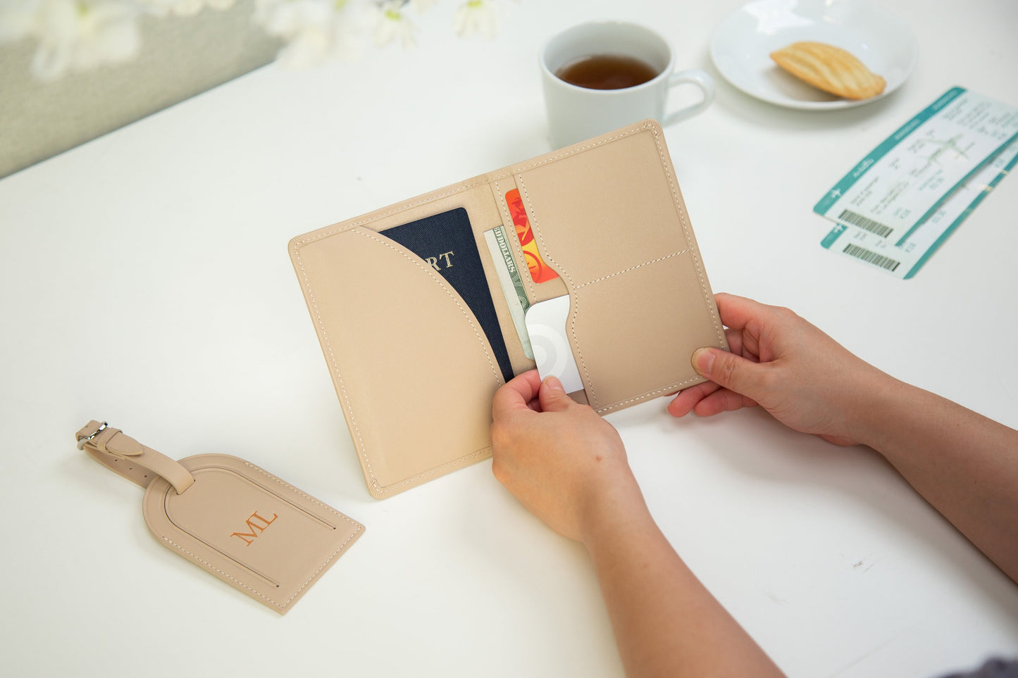 Embossed Leather Passport Holder & Embossed Luggage Tag (SET) - Travel Card Wallet Wedding Anniversary Flight Attendant Pilot Traveler Gift