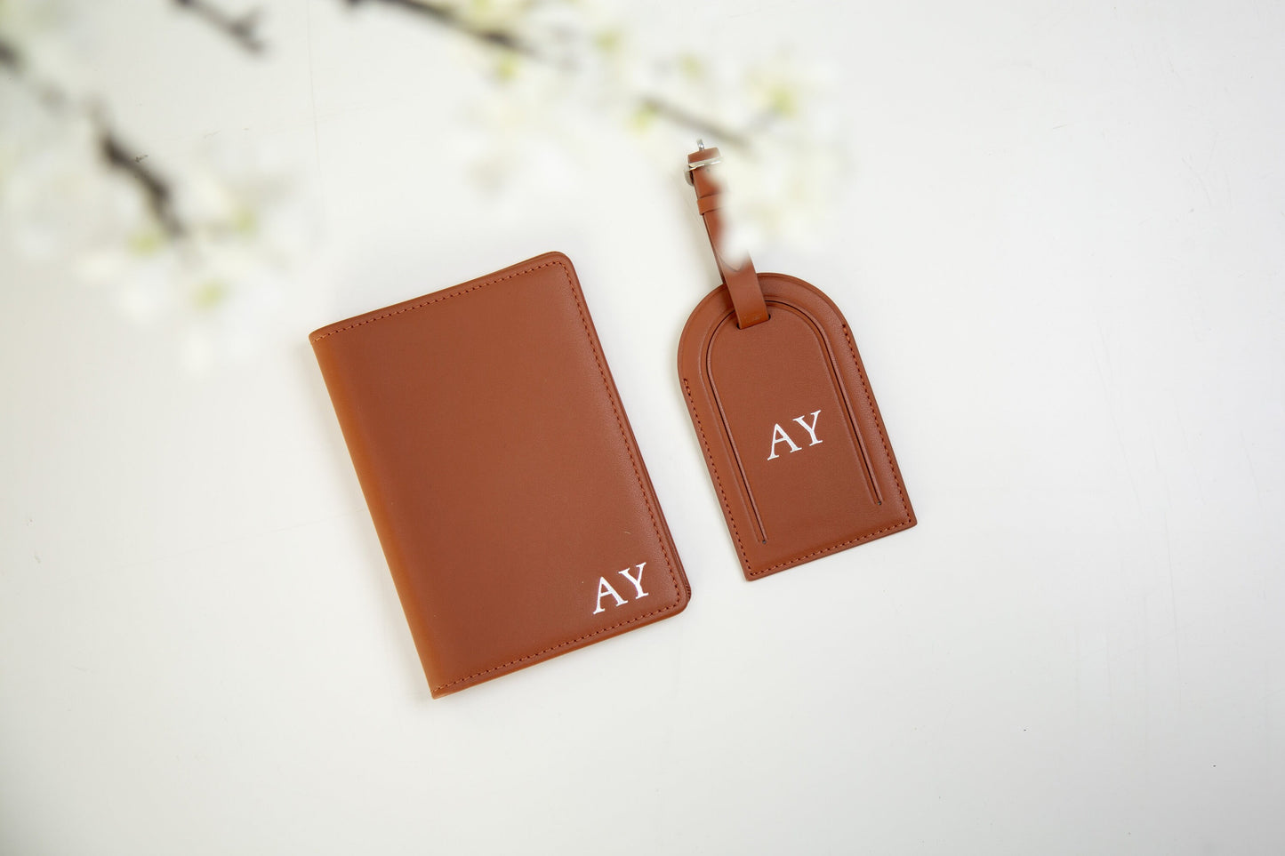Embossed Leather Passport Holder & Embossed Luggage Tag (SET) - Travel Card Wallet Wedding Anniversary Flight Attendant Pilot Traveler Gift