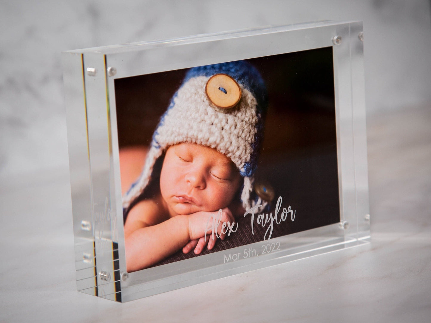 Engraved Acrylic Photo Block - Floating Picture Frame, Unique Birthday Gifts, Personalized Anniversary Wedding Gifts for New Parents Couples