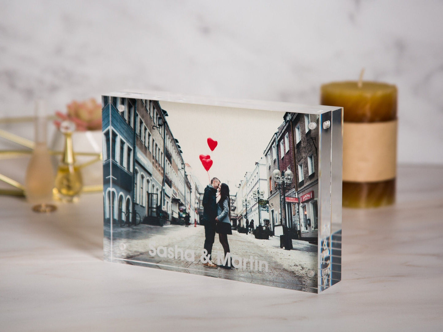 Engraved Acrylic Photo Block - Floating Picture Frame, Unique Birthday Gifts, Personalized Anniversary Wedding Gifts for New Parents Couples