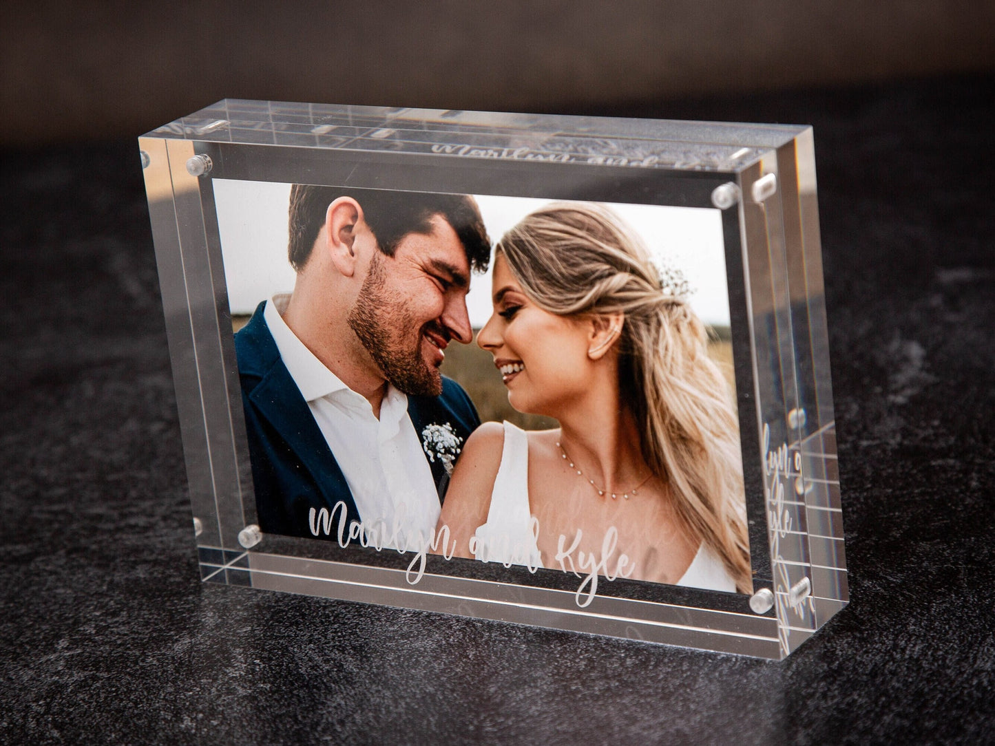 Engraved Acrylic Photo Block - Floating Picture Frame, Unique Birthday Gifts, Personalized Anniversary Wedding Gifts for New Parents Couples