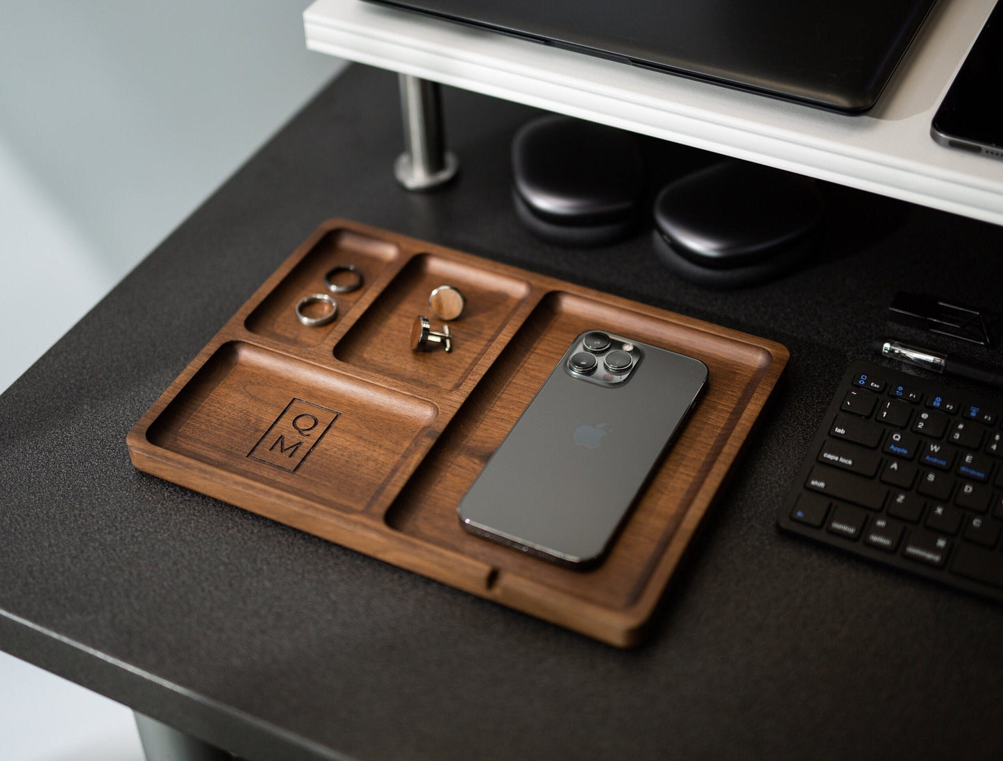 Rectangle Organizer Catchall D2 - 8.5x11.5" Large Wood Engraved Tray, Home Work Office Table Charger Station, Honeymoon Gift for Husband