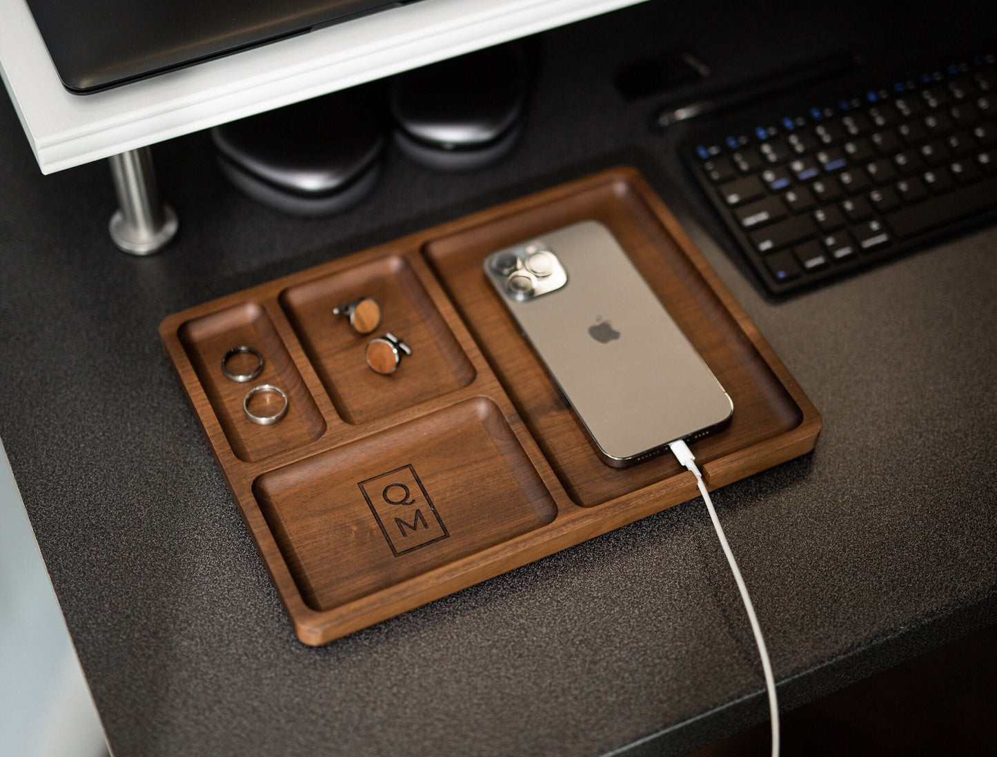 Rectangle Organizer Catchall D2 - 8.5x11.5" Large Wood Engraved Tray, Home Work Office Table Charger Station, Honeymoon Gift for Husband