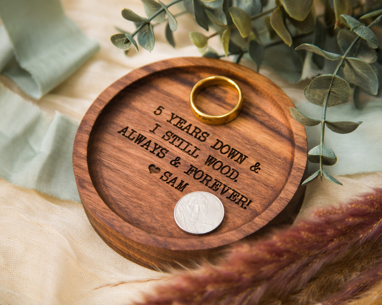 Round Wood Ring Dish - Custom Engraved Wooden Bedside Home Entry Table Tray, 5th Year Wooden Anniversary Unique Custom Message Gift