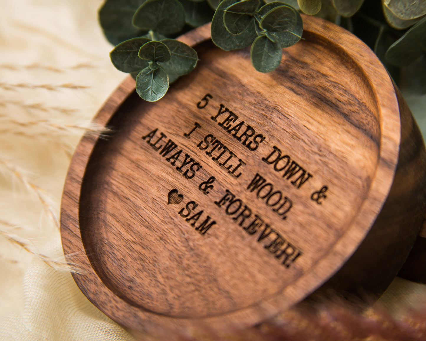Round Wood Ring Dish - Custom Engraved Wooden Bedside Home Entry Table Tray, 5th Year Wooden Anniversary Unique Custom Message Gift