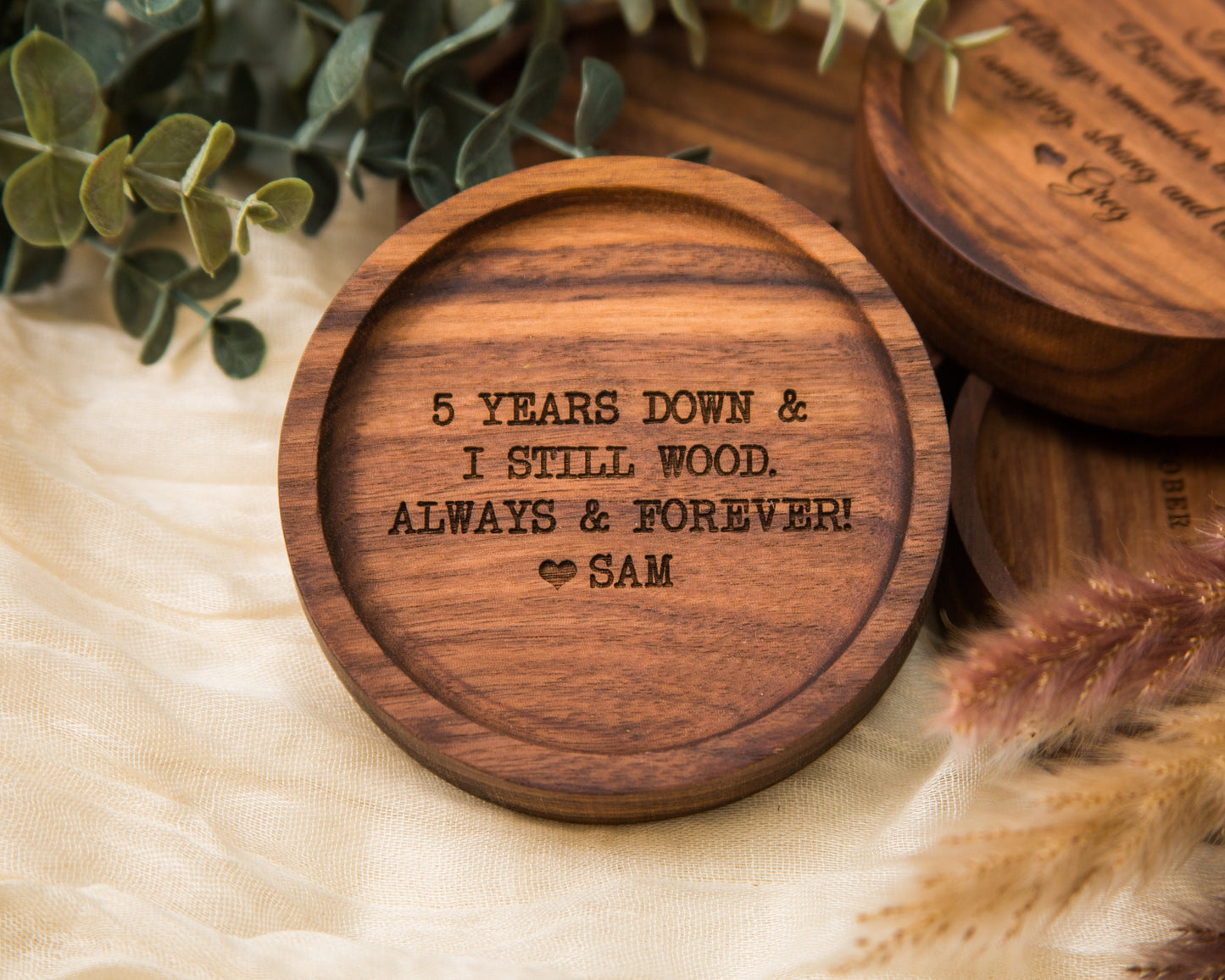 Round Wood Ring Dish - Custom Engraved Wooden Bedside Home Entry Table Tray, 5th Year Wooden Anniversary Unique Custom Message Gift