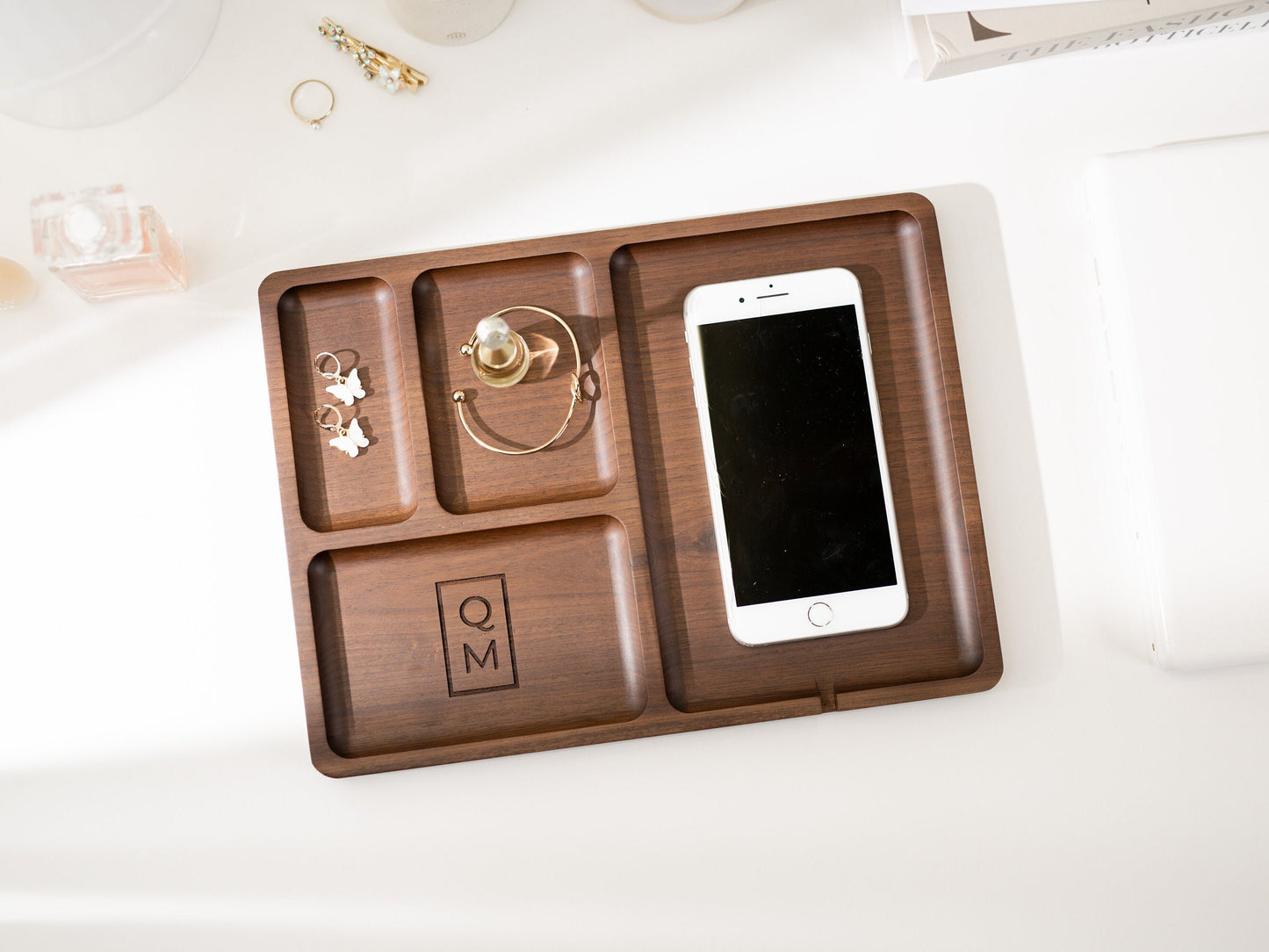 Rectangle Organizer Catchall D2 - 8.5x11.5" Large Wood Engraved Tray, Home Work Office Table Charger Station, Back to School, Teacher Gift