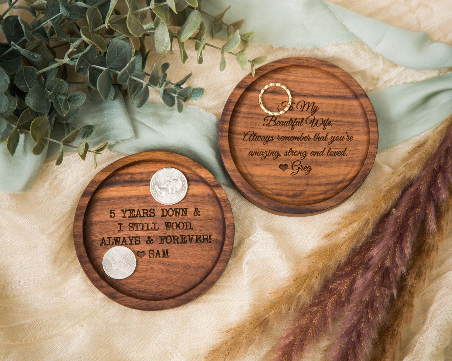 Round Wood Ring Dish - Custom Engraved Wooden Bedside Home Entry Table Tray, 5th Year Wooden Anniversary Unique Custom Message Gift