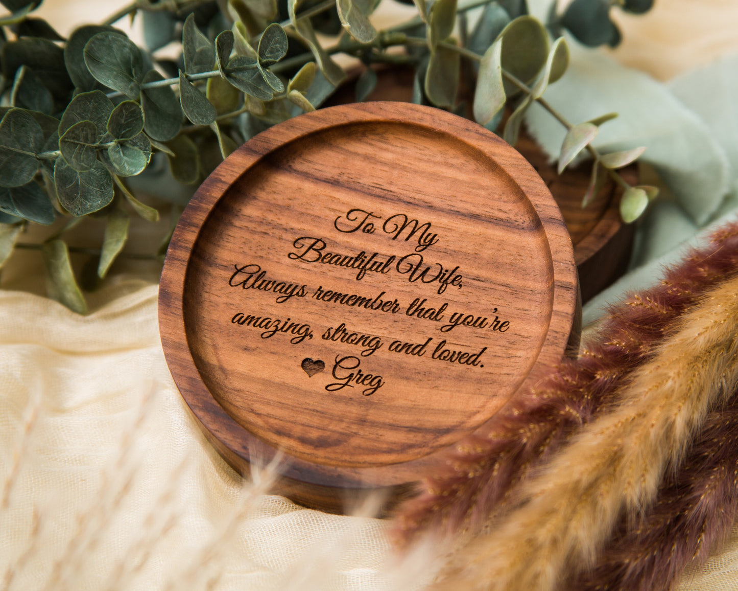 Round Wood Ring Dish - Custom Engraved Wooden Bedside Home Entry Table Tray, 5th Year Wooden Anniversary Unique Custom Message Gift