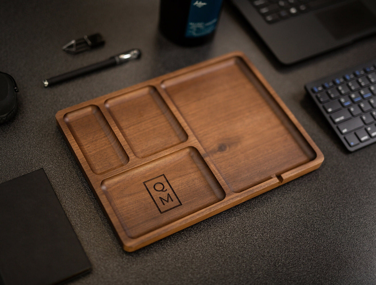 Rectangle Organizer Catchall D2 - 8.5x11.5" Large Wood Engraved Tray, Home Work Office Table Charger Station, Honeymoon Gift for Husband