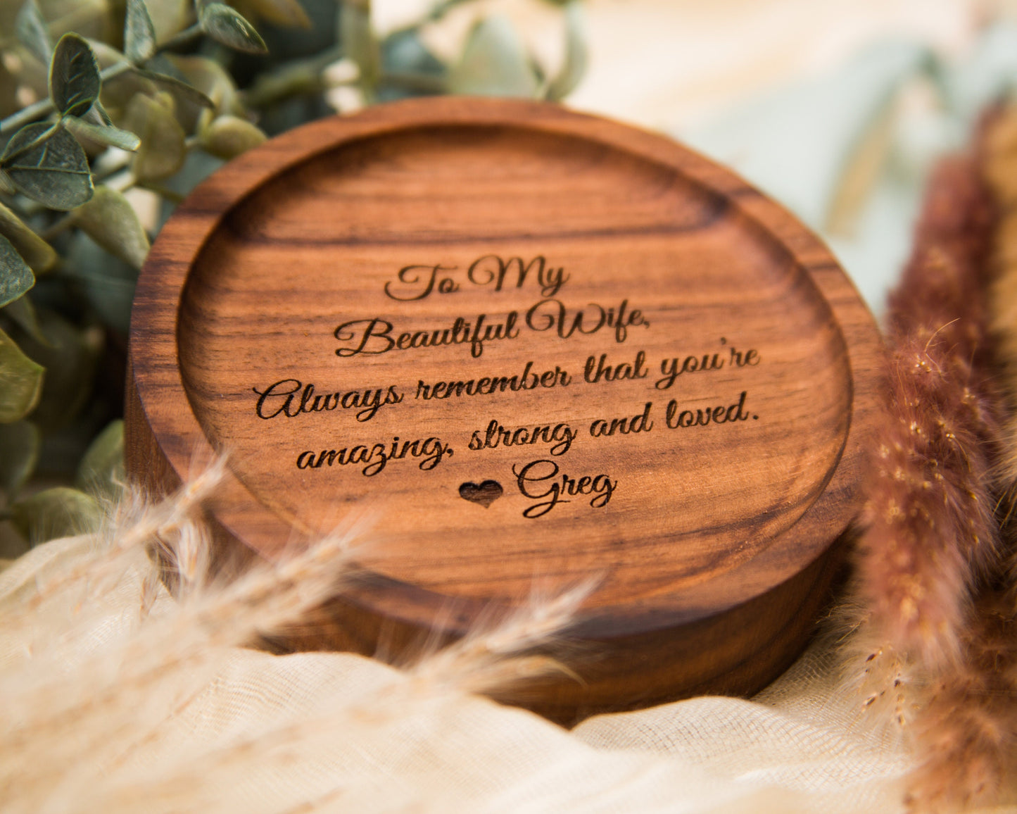 Round Wood Ring Dish - Custom Engraved Wooden Bedside Home Entry Table Tray, 5th Year Wooden Anniversary Unique Custom Message Gift